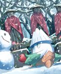  ajirogasa apple bare_tree commentary_request food fruit green_eyes hat highres holding holding_food holding_fruit jizou looking_up mukiguri no_humans outdoors pokemon pokemon_(creature) sitting snorunt snow snowing snowman stick tree winter 