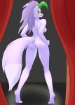  2022 absurd_res anthro breasts butt canid canine canis chalathea curtains digital_media_(artwork) featureless_crotch female five_nights_at_freddy&#039;s five_nights_at_freddy&#039;s:_security_breach hair hi_res looking_at_viewer looking_back mammal naturally_censored nipple_tuft nipples nude rear_view roxanne_wolf_(fnaf) scottgames solo stage stage_curtains tuft video_games wolf 