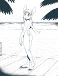  2022 anthro beach breasts brian_mcpherson butt cynthia_(brian_mcpherson) female lagomorph leporid mammal monochrome nipples nude plantigrade rabbit seaside solo 