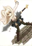  :&lt; belt blue_eyes boots dorakou dutch_angle grass miniskirt original outstretched_arms skirt solo spread_arms sword thighhighs weapon white_hair wind wind_lift 