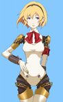  aegis_(persona) android armband blonde_hair blue_background blue_eyes bow error hand_on_hip ina_(gokihoihoi) persona persona_3 ribbon short_hair solo thigh_gap 