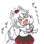  &gt;_&lt; :d animal_ears blush_stickers chibi closed_eyes doll dual_persona fang happy hat hug inubashiri_momiji minigirl multiple_girls open_mouth smile tail tail_wagging tokin_hat touhou trembling wolf_ears xd yunkaasu_(kakushiaji) 