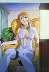  artist_request bare_shoulders blonde_hair bodysuit breasts breasts_apart center_opening chair cleavage green_eyes highres kenran_butou_sai lauren_vestemona lipstick long_hair long_legs makeup medium_breasts open_clothes plant scan sitting skin_tight solo 