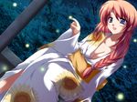  ariko_youichi blue_eyes breasts bug cleavage fireflies firefly fortune_cookie game_cg highres insect japanese_clothes kimono long_sleeves medium_breasts night open_mouth red_hair solo takaya_kae 