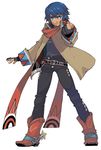  absurdres belt blue_eyes blue_hair boots buttons coat cowboy_boots dean_stark denim fujimoto_hideaki full_body gloves highres jeans male_focus official_art pants scan scarf simple_background smile solo spurs wild_arms wild_arms_5 
