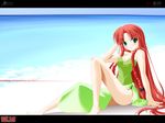  beach casual_one-piece_swimsuit day green_sarong green_swimsuit highres hong_meiling long_hair ocean one-piece_swimsuit pose sarong side_b sitting solo swimsuit touhou very_long_hair wallpaper 