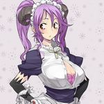  amami_amayu blush bra breasts bursting_breasts cleavage demon_girl elbow_gloves eyelashes gloves hands_on_hips horns large_breasts lingerie long_hair looking_back maid_headdress monster_collection purple_hair red_eyes solo twintails unbuttoned underwear upper_body 
