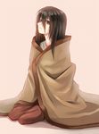  bad_id bad_pixiv_id banned_artist black_hair blanket bloom brown_eyes komori_kiri long_hair messy_hair paseri sayonara_zetsubou_sensei sideways_glance simple_background sitting solo 