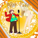 &gt;_&lt; 1girl bad_id bad_pixiv_id bear belly bow braid closed_eyes eric_cartman gloves high_heels highres jacket lady_gaga long_hair microphone music navel open_mouth pants plump pointing shoes singing south_park 