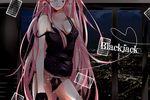  blackjack_(vocaloid) breasts cleavage facial_mark flower hair_flower hair_ornament hatsuko head_out_of_frame highres lingerie long_hair medium_breasts megurine_luka off_shoulder panties pink_hair solo song_name strap_slip underwear very_long_hair vocaloid 