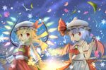  bat_wings blonde_hair bug bunchou_(bunchou3103) butterfly fang fireflies flandre_scarlet highres insect lavender_hair moon multiple_girls outstretched_arms petals red_eyes remilia_scarlet scarf short_hair siblings sisters slit_pupils smile snow snowflakes spread_arms touhou wings 