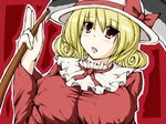  bad_id bad_pixiv_id blonde_hair blush breasts covered_nipples elly hat large_breasts morita_(moritania) open_mouth ribbon scythe solo touhou touhou_(pc-98) 