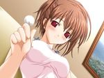  asou_suzune brown_hair dress floralia game_cg masaharu mimikaki pink_dress red_eyes smile solo 