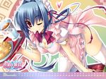  2008 apron blue_hair calendar_(medium) chouun copyright_name december food highres katagiri_hinata koihime_musou mouth_hold official_art one_eye_closed red_eyes short_hair solo thighhighs waitress watermark 