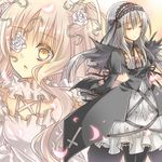  closed_eyes dress eyepatch flower frills hairband kirakishou long_hair lowres multiple_girls pink_hair rose rozen_maiden silver_hair suigintou takamiya_ren white_flower white_rose wings yellow_eyes 