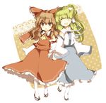  blush bow brown_eyes brown_hair closed_eyes detached_sleeves frills frog green_hair hair_bow hakurei_reimu holding_hands kochiya_sanae long_hair minako_(gazekura) multiple_girls skirt smile snake socks touhou 