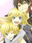  2boys black_hair blonde_hair blue_eyes cleo_everlastin green_eyes headband leki long_hair majic_lin majutsushi_orphen multiple_boys orphen yonsuke_(speaker) 