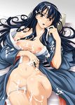  bare_shoulders black_hair blue_eyes blue_hair blue_kimono breasts bukkake cum cum_in_mouth cum_on_body cum_on_breasts cum_on_clothes cum_on_lower_body cum_on_upper_body facial groin hair_ribbon isse japanese_clothes kimono long_hair lying medium_breasts navel nipples on_back panties panty_pull rance_(series) ribbon sengoku_rance solo sweat uesugi_kenshin_(rance) underwear white_panties wide_hips yukata 