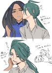  2girls androgynous animalization biting black_hair blue_eyes cheek_biting cheek_pinching closed_eyes collared_shirt covered_collarbone cro_pokey ear_piercing earrings geeta_(pokemon) green_hair grey_shirt jewelry long_hair looking_at_another low_ponytail multiple_girls multiple_views open_mouth piercing pinching pokemon pokemon_sv ponytail reverse_trap rika_(pokemon) shirt simple_background sweatdrop upper_body white_background yuri 