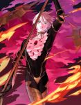  1boy absurdres arm_guards bishounen blue_eyes cape center_opening chest_jewel collar colored_skin cuisses earrings eyeshadow fate/apocrypha fate/grand_order fate_(series) fire floating_cape hair_between_eyes highres holding holding_polearm holding_weapon jewelry karna_(fate) korean_commentary looking_at_viewer makeup male_focus pale_skin polearm potato_goril red_cape red_eyeshadow shin_guards short_hair solo spear spiked_collar spikes vasavi_shakti_(fate) weapon white_hair white_skin 