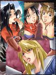  4girls andou_baako black_hair blonde_hair blush censored character_request cum cum_in_mouth cum_on_hair cum_string eyeshield_21 facial fellatio glasses habashira_rui hetero konkitto long_hair microphone multiple_boys multiple_girls multiple_penises oral penis tongue tsuyumine_megu 