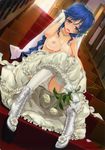  absurdres blue_hair blush boots bouquet bow breasts bridal_veil bride copyright_request cross-laced_footwear cum cum_on_body cum_on_breasts cum_on_upper_body dress dress_pull dutch_angle earrings flower garters gloves green_eyes happoubi_jin high_heels highres jewelry lace-up_boots large_breasts long_hair necklace nipples no_bra open_mouth panties ribbon rose shoes sitting solo thighhighs tiara underwear upskirt veil wedding_dress white_flower white_rose yellow_eyes 