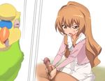  1girl a1 aisaka_taiga bird brown_eyes brown_hair handjob hetero inko kneeling open_mouth parrot penis sweatdrop toradora! 