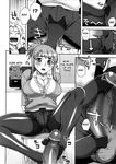  1girl artist_request between_toes blush breasts cleavage comic crotch_seam feet footjob greyscale hetero large_breasts monochrome panties panties_under_pantyhose pantyhose penis sweat training_guidance underwear 