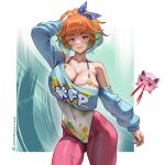  1girl absurdres blush breasts cleavage covered_navel earrings fever_night_(hololive) gradient_hair green_hair highres hololive hololive_english hoop_earrings jewelry jigglypuff large_breasts leotard looking_at_viewer multicolored_hair official_alternate_costume open_mouth orange_hair pantyhose pokemon pokemon_(creature) purple_eyes seventeencrows simple_background smile solo takanashi_kiara takanashi_kiara_(7th_costume) virtual_youtuber white_background white_leotard 