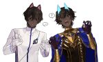  ... 2boys ? arjuna_(fate) arjuna_alter_(fate) bishounen black_eyes black_hair blue_cape blue_horns cape claw_pose dark-skinned_male dark_skin dual_persona fate/grand_order fate_(series) gloves glowing_horns hair_between_eyes halterneck hands_up high_collar highres horns indian_clothes looking_at_viewer male_focus multiple_boys open_mouth potato_goril robe shirt short_hair simple_background spoken_ellipsis spoken_question_mark sweatdrop upper_body vambraces white_background white_gloves white_robe 