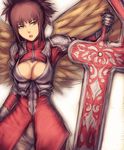  :o armor bangs blue_eyes blunt_bangs breasts brown_hair cleavage cleavage_cutout fumio_(rsqkr) gloves huge_weapon inphyy large_breasts ninety-nine_nights no_bra open_mouth pantyhose short_hair sketch solo standing sword turtleneck weapon wings 