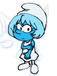  1girl ayanami_rei blue_hair blue_skin colored_skin commentary crossover dress english_commentary full_body looking_at_viewer lowres neon_genesis_evangelion nvi2762 parody pointy_hat short_hair sketch smurfette solo standing the_smurfs white_dress 