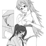  anus blush breastless_clothes breasts censored charlotte_e_yeager crotchless_panties fellatio francesca_lucchini futa_with_female futanari greyscale large_breasts mine_(peak) monochrome multiple_girls oral panties penis pointless_censoring pussy pussy_juice strike_witches sweat twintails underwear world_witches_series 