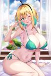  1girl amano_pikamee bikini blonde_hair breasts collarbone green_bikini green_eyes grey_hair highres indoors large_breasts looking_at_viewer multicolored_hair navel one_eye_closed open_mouth sharp_teeth shirokuma_a short_hair side-tie_bikini_bottom solo swimsuit teeth thighs two-tone_hair virtual_youtuber voms window 