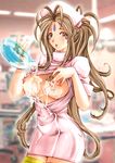  aa_megami-sama belldandy blush breasts brown_eyes brown_hair cum cum_on_body cum_on_breasts cum_on_upper_body facial_mark forehead_mark hat highres konkitto large_breasts long_hair nurse nurse_cap open_clothes solo thighhighs 