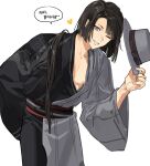  1boy arm_behind_back asymmetrical_sleeves black_hair black_kimono black_sash blunt_bangs blunt_ends center_opening cowboy_shot curtained_hair fate/grand_order fate_(series) fedora grey_hat grey_kimono hair_over_shoulder hat heart highres holding holding_clothes holding_hat japanese_clothes kimono korean_commentary korean_text long_hair low_ponytail male_focus mismatched_sleeves one_eye_closed potato_goril sash smile solo tai_gong_wang_(event_portrait)_(fate) two-tone_kimono unworn_headwear white_background wide_sleeves 