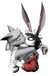  absurd_res anthro beverage_can big_ears black_hair blue_clothing blue_shirt blue_topwear clothing domestic_cat duo eyes_closed felid feline felis female female/female fur gatonejo grey_body grey_fur grey_hair hair hi_res hug jacket kissing lagomorph leporid mammal neckband neckwear rabbit red_clothing red_jacket red_topwear shirt simple_background surprised_expression topwear white_background white_blouse white_body white_fur 