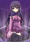  ahoge breasts cape cum cum_on_clothes cum_on_hair elbow_gloves gloves large_breasts long_hair magic_circle malariya nipples panties purple_eyes purple_hair quiz_magic_academy sakura_hanatsumi skirt solo thighhighs torn_clothes underwear 