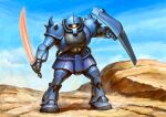  arm_shield blue_sky cloud commentary_request day desert full_body gouf gundam highres holding holding_sword holding_weapon horns legs_apart looking_at_viewer mecha mecha_focus mobile_suit mobile_suit_gundam no_humans one-eyed outdoors painting_(medium) robot science_fiction shoulder_spikes single_horn sky solo spikes standing sword traditional_media watercolor_(medium) weapon yellow_eyes youkoumori 