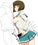  a1 blush bob_cut breasts brown_eyes brown_hair censored cum ejaculation gyokuto_high_school_uniform hagiwara_yukiho handjob idolmaster idolmaster_xenoglossia large_breasts penis school_uniform serafuku short_hair skirt solo_focus source_request student sweat 