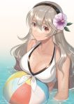  1girl ball beachball bikini black_hairband breasts cleavage closed_mouth female_my_unit_(fire_emblem_if) fire_emblem fire_emblem_heroes fire_emblem_if flower hair_flower hair_ornament hairband highres kyufe long_hair my_unit_(fire_emblem_if) nintendo red_eyes smile solo swimsuit upper_body wading water white_bikini white_hair 