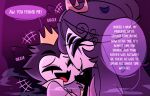  anthro avian bird crown detailed_background duo embrace eyes_closed female giggle giggling hair helluva_boss hi_res hug laugh long_hair male owl owl_demon smile speech_bubble stolas_(helluva_boss) teathekook text white_text 