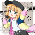  1girl :d arm_up bangs beamed_eighth_notes beamed_sixteenth_notes black_headwear black_shorts blonde_hair chibi collarbone commentary_request eighth_note flat_cap gochuumon_wa_usagi_desu_ka? green_eyes grey_background hand_up hat holding holding_microphone jacket kirima_syaro long_sleeves looking_at_viewer microphone mitya multicolored_clothes multicolored_jacket musical_note open_clothes open_jacket paripi_koumei piano_keys puffy_long_sleeves puffy_sleeves quarter_note shirt short_shorts shorts smile solo tsukimi_eiko twitter_username two-tone_background white_background white_shirt 