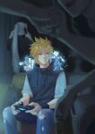  aerith_gainsborough alternate_costume alternate_hairstyle barret_wallace black_shirt blonde_hair blue_eyes blurry blurry_foreground can casual clenched_hand cloud_strife controller couch denim facing_away final_fantasy final_fantasy_vii final_fantasy_vii_remake grabbing grey_hair hair_between_eyes high_collar highres ho_fan holding holding_can holding_controller holding_hands hood hood_down indoors jeans long_hair male_focus multiple_boys on_shoulder open_mouth pants ponytail red_xiii sabotender scar scar_on_cheek scar_on_face sephiroth shirt short_hair short_sleeves sitting smile spiked_hair talking_on_phone tifa_lockhart torn_clothes upper_body wristband zack_fair 