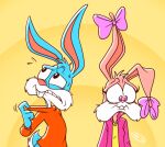  anthro babs_bunny blue_body blue_fur bodily_fluids buckteeth buster_bunny clothed clothing digital_media_(artwork) duo ear_ribbon female fur lagomorph leporid male mammal pink_body pink_fur pink_nose rabbit simple_background sweat teeth tiny_toon_adventures warner_brothers 
