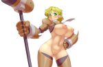  1girl alternate_breast_size alternate_costume bangs black_thighhighs blonde_hair blonde_pubic_hair blush breasts closed_mouth commentary_request cowboy_shot d.koutya female_pubic_hair frown gauntlets green_eyes hammer hand_on_hip holding holding_hammer large_breasts leg_armor looking_at_viewer mizuhashi_parsee navel nipples pointy_ears pubic_hair pussy reverse_bikini_armor reverse_outfit short_hair simple_background solo thighhighs touhou transparent_background 
