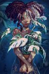  1girl artist_name blue_eyes brown_eyes dark-skinned_female dark_skin dreadlocks forest heterochromia highres looking_at_viewer nature night original plant solo star_(symbol) star_print vitiligo web_address yuumei 