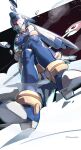  1girl android armor blue_eyes boots breasts crossed_legs gloves helmet highres huanxiang_huifeng ice ice_crystal invisible_chair leviathan_(mega_man) mega_man_(series) mega_man_zero one_eye_covered polearm sitting smile snow spear splashing thigh_boots thighhighs toes twitter_username weapon 
