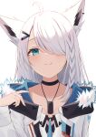  1girl ahoge animal_ears bangs black_choker blue_eyes blush braid choker closed_mouth dog_tags ear_piercing fox_ears fox_girl hair_ornament hair_over_one_eye hairclip highres hololive jacket kamachi_(kamati0maru) long_hair looking_at_viewer piercing portrait shirakami_fubuki side_braid smile solo swept_bangs virtual_youtuber white_hair white_jacket 