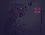  anthro avian bird blood blood_on_hand blood_on_object blood_on_ruler bodily_fluids helluva_boss hi_res hurt_expression looking_down male owl owl_demon pink_eyes pink_text scared sitting solo standing stolas_(helluva_boss) teathekook text wounded 
